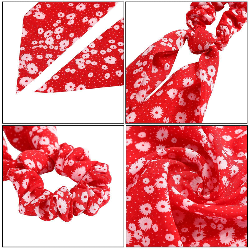[Australia] - WELROG Scarf Scrunchies - 4PCS Bowknot Hair Scrunchies for Women Elastic Hair Band Hair Ties Rope Floral Hair Bobbles Ponytail Holder Hair Accessories for Girls White/Red/Yellow/Black 
