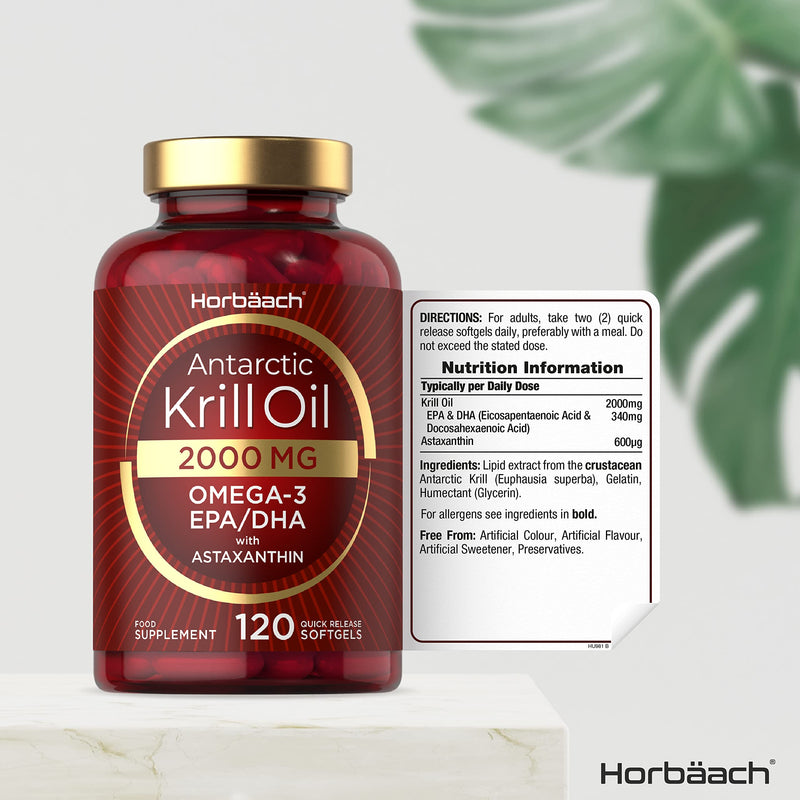 [Australia] - Antarctic Krill Oil 2000mg | High Strength | 120 Capsules | with Natural Astaxanthin and Phospholipids | Omega-3 EPA/DHA | Pure Premium Supplement | No Artificial Preservatives | by Horbaach 120 Count (Pack of 1) 