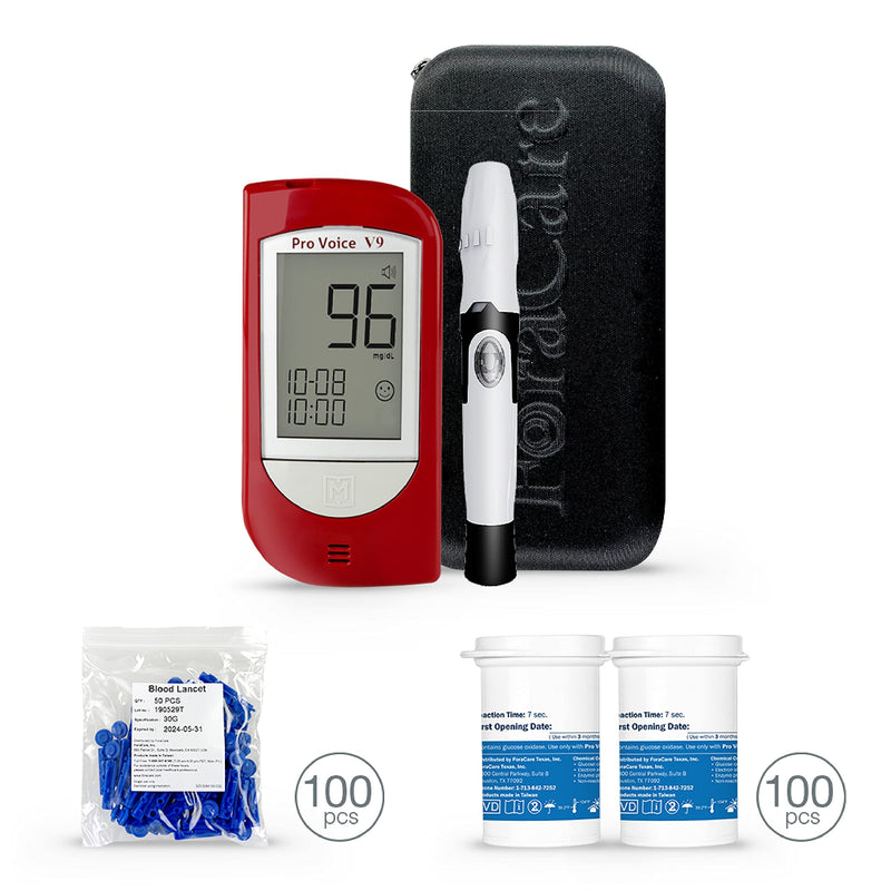 [Australia] - FORA Pro Voice V9 Diabetes Testing Kit for Accurate and Easy Monitoring Your Blood Glucose with Talking Glucometer, 1 Meter, 100 Test Strips, 100 Lancets, 1 Painless Design Lancing Device, Carry Case 
