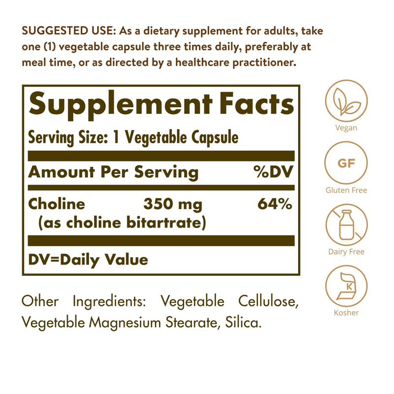 [Australia] - Solgar Choline 350 mg, 100 Vegetable Capsules - Supports Healthy Brain & Cellular Function - Vegan, Gluten Free, Dairy Free, Kosher - 100 Servings 