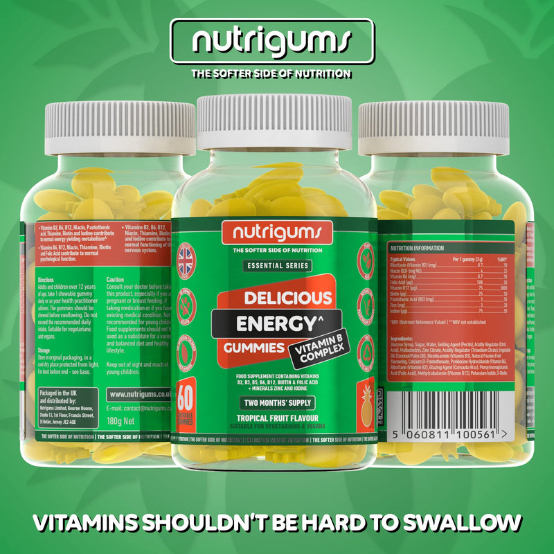 [Australia] - Energy Vitamin B Complex Vegan Tropical Fruit Flavour 60 Gummies | Two Month Supply | Vitamins B2, B3, B6, B12, B5 with Folic Acid, Zinc, Iodine & Biotin by NUTRIGUMS� 