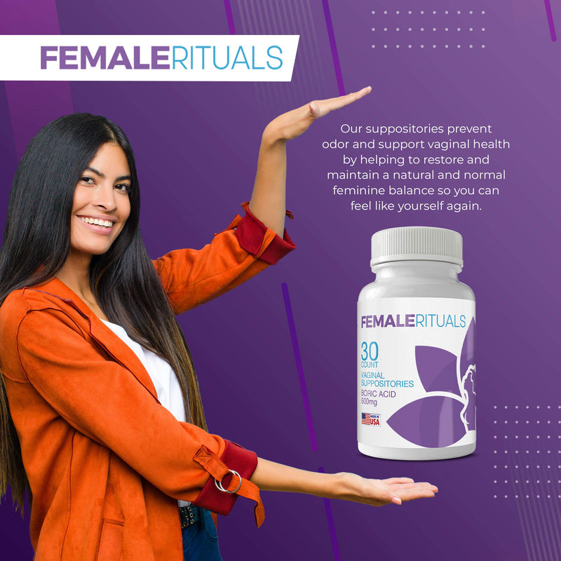 [Australia] - Female Rituals Boric Acid Suppositories 600 mg - Vaginal Pills for PH Balance Odors Yeast Infection Treatment - USA Made Feminine Hygiene Products - Vaginal Suppository Yoni Pops Pearls (30 Count) 