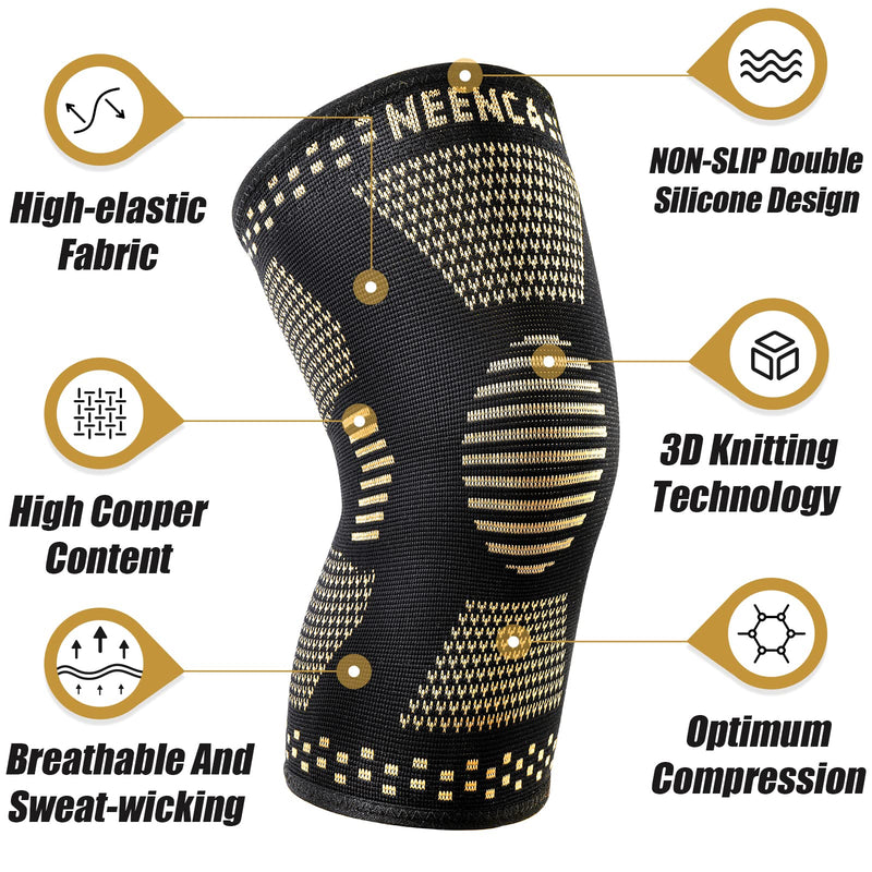 [Australia] - NEENCA Copper Knee Sleeves (Pair), Professional Knee Brace with Copper Ions Infused Fiber Technology, Premium Compression Support for Knee Pain, Sports, Workout, Arthritis, ACL, Joint Pain Relief... Large Real Copper Ions（2 pack） 