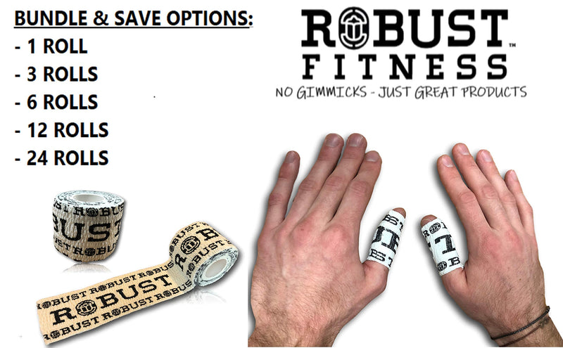 [Australia] - ROBUST FITNESS Weightlifting Hook Grip Tape | Adhesive Stretch Athletic Thumb & Finger Tape | Sticky, Stretchy, Flexible, Easy Tear | Olympic Weightlifting | Cross-Training 6 Rolls White / Black 