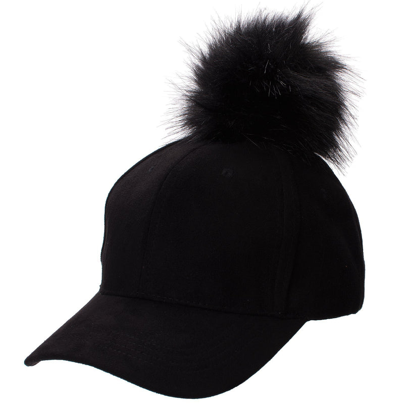 [Australia] - Lawliet Womens Adjustable Suede Baseball Cap Hip-Hop Hat Faux Fur Pom Pom A383 Black 