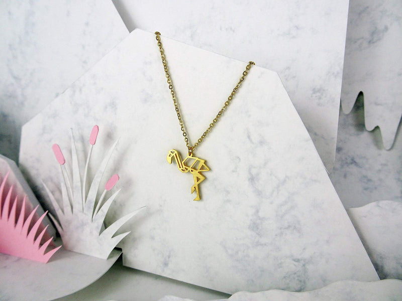 [Australia] - La Menagerie Flamingo Gold Origami Jewelry & Gold Geometric Necklace – 18 Karat Plated Gold Necklace & Flamingo Necklaces for Women – Flamingo Necklace for Girls & Origami Necklace 