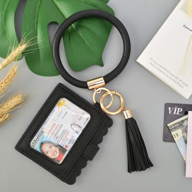 [Australia] - Reinforced Version Cards Holder Wristlet Keychain Wallet w/ ID Windows, Coolcos Portable Bangle Bracelet Keyring 3 Card Slots A Black 