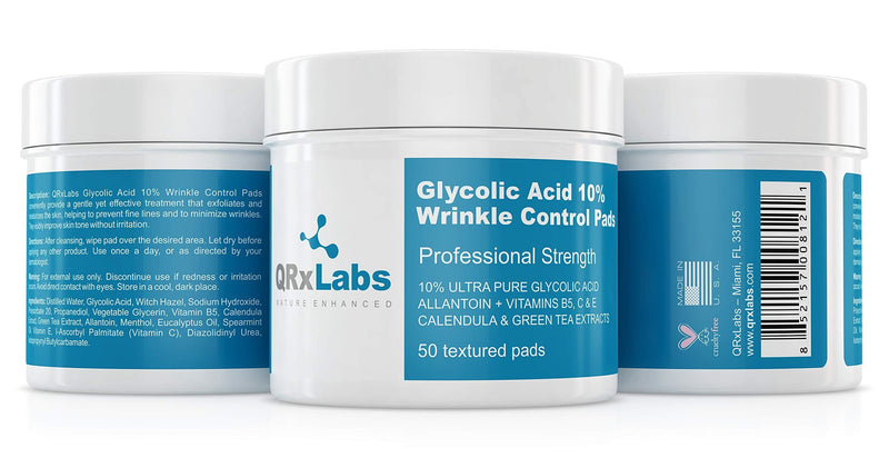[Australia] - QRxLabs Glycolic Acid 10% Wrinkle Control Pads With 10% Ultra Pure Glycolic Acid, Allantoin, Vitamins B5, C & E, Calendula & Green Tea Extracts - Helps Keep Skin Smooth And Prevents Wrinkles And Lines 