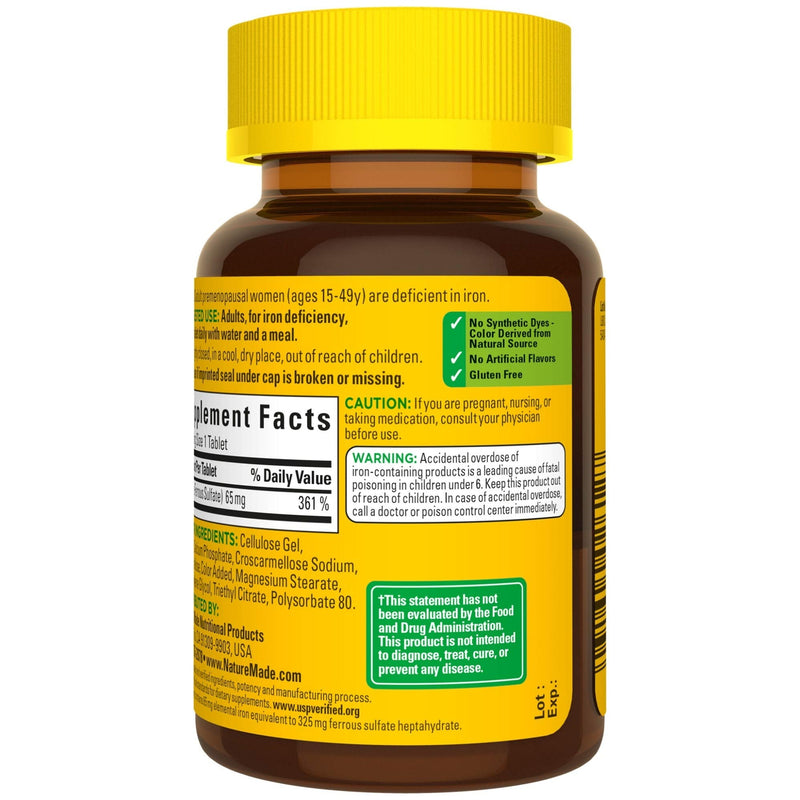 [Australia] - Nature Made Iron 65 mg (325 mg Ferrous Sulfate) Tablets, Dietary Supplement for Red Blood Cell Support, 180 Tablets, 180 Day Supply 