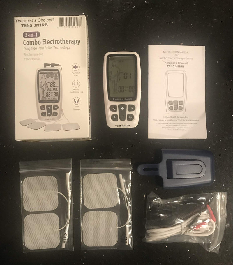 [Australia] - Therapist’s Choice® Rechargeable TENS3N1RB Combo TENS, EMS, Massage with Body Image Diagram Electrode Placement, with Belt Clip and Display Box. 