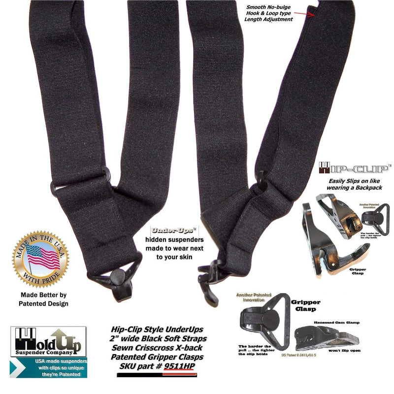 [Australia] - USA Made Holdup Brand Black 2" Hip-clip Style No-Buzz Suspenders Patented Gripper Clasps 