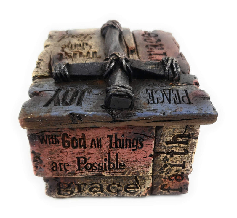 [Australia] - Rustic Trinket Jewelry Box with Inspirational Sayings, Realistic Faux Wood & Iron Cross 