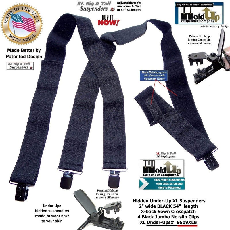 [Australia] - Holdup Brand 2" Wide Black XL hidden Undergarment Suspenders worn under your shirt with patented no-slip clips 