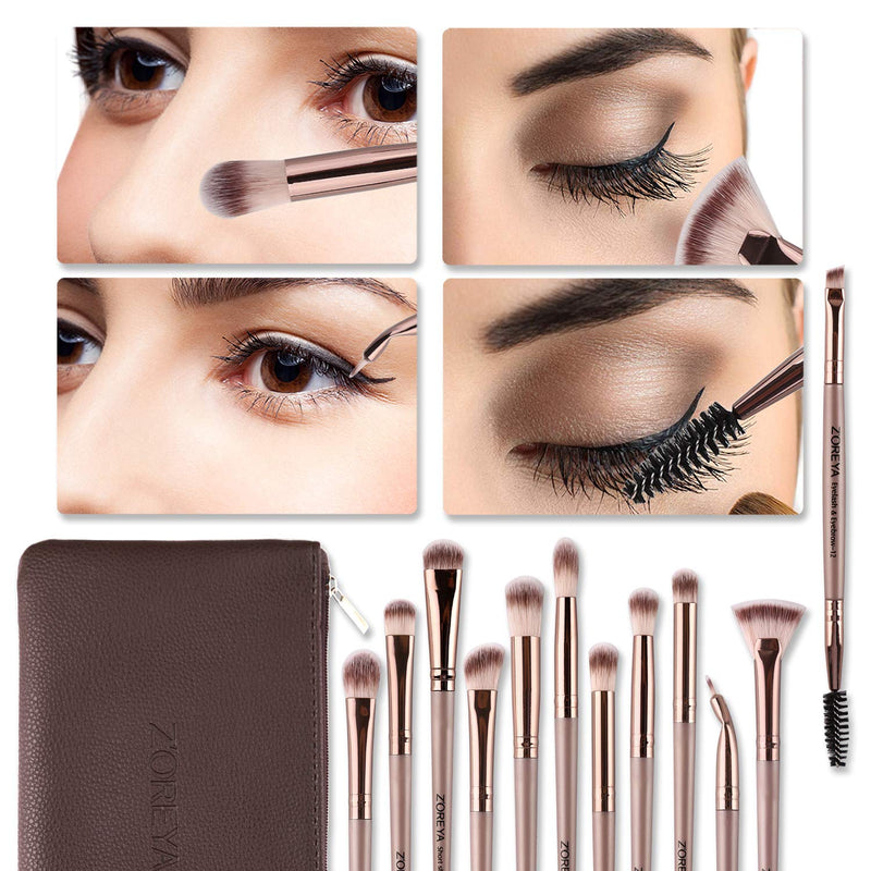 [Australia] - Zoreya Eye Makeup Brushes, 12 Pcs Professional Eye Brush Set Eyeshadow, Eyebrow, Blending, Fan, Eyelash Brushes Set With Carrying Bag(Champagne Gold) Champagne Gold 