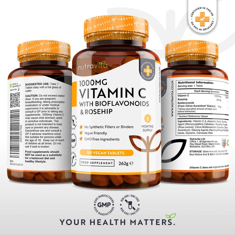 [Australia] - Vitamin C 1000mg – 180 Premium Vegan & Vegetarian Tablets – 6 Month Supply – High Strength Ascorbic Acid – with Added Bioflavonoids & Rosehip – for Normal Immune System – Made in The UK by Nutravita 180 Count (Pack of 1) 