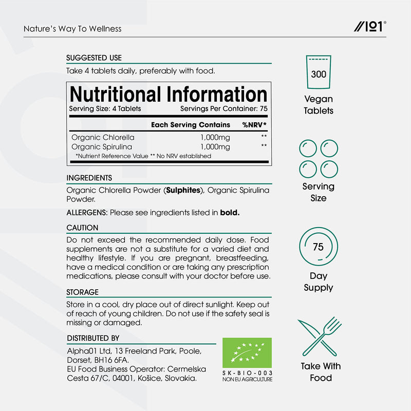 [Australia] - Organic Spirulina & Chlorella 2000mg | 300 Vegan Tablets - Broken Cell Wall | Pure Formula Supplement with No Additives � Certified Organic by Alpha01 Spirulina Chlorella 