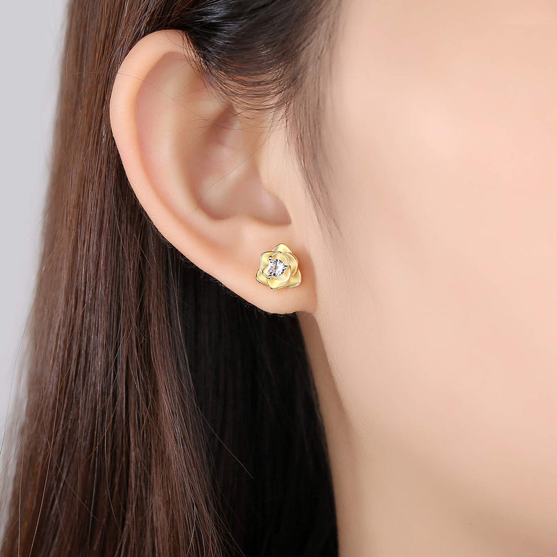 [Australia] - White Gold & Yellow Gold & Rose Gold Plated Rose Flower Ear Studs | Dainty Magnolia Flower Earring, Leaf Hypoallergenic Earrings for Women ROSE FLOWER-yellow 