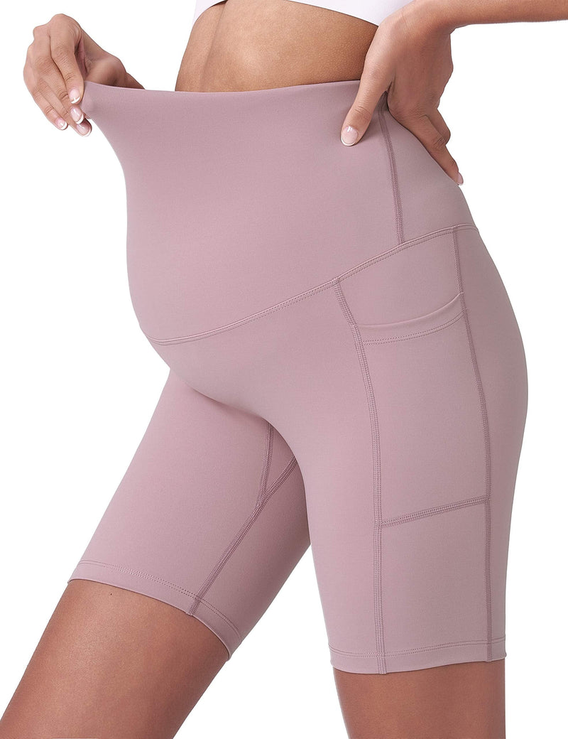 [Australia] - POSHDIVAH Women's Maternity Yoga Shorts Over The Belly Bump Summer Workout Running Active Short Pants with Pockets 5"/8" Large Pink 8" 