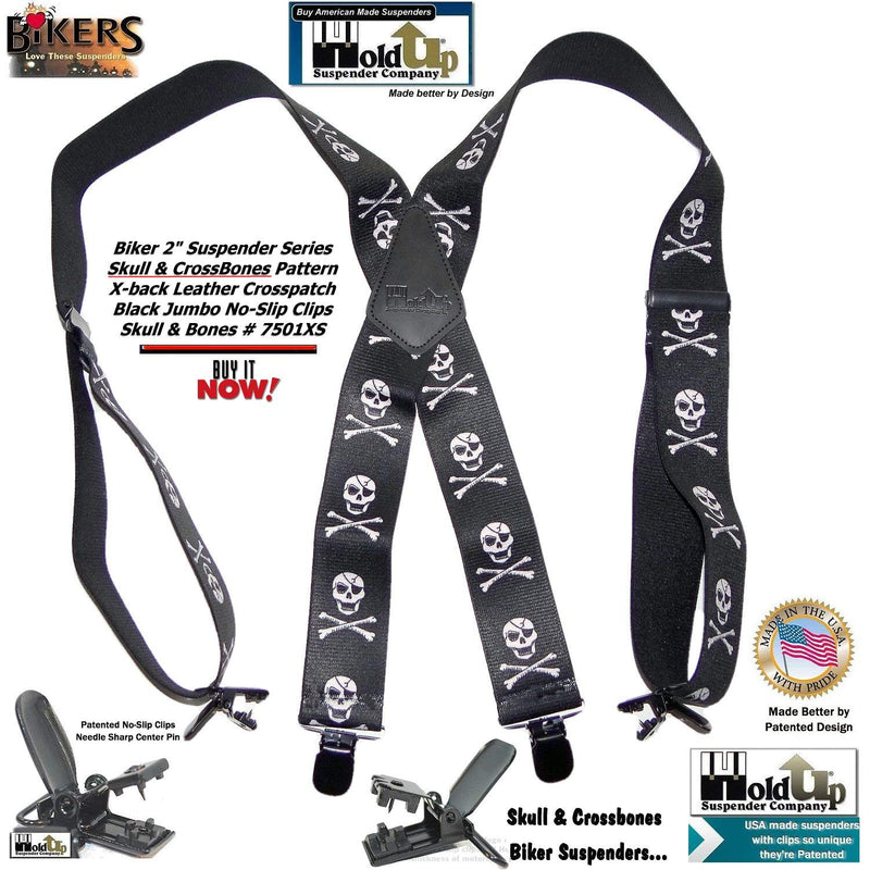 [Australia] - Holdup Brand Skull & Crossbones pattern X-back Biker Suspenders with Jumbo No-slip Clips 