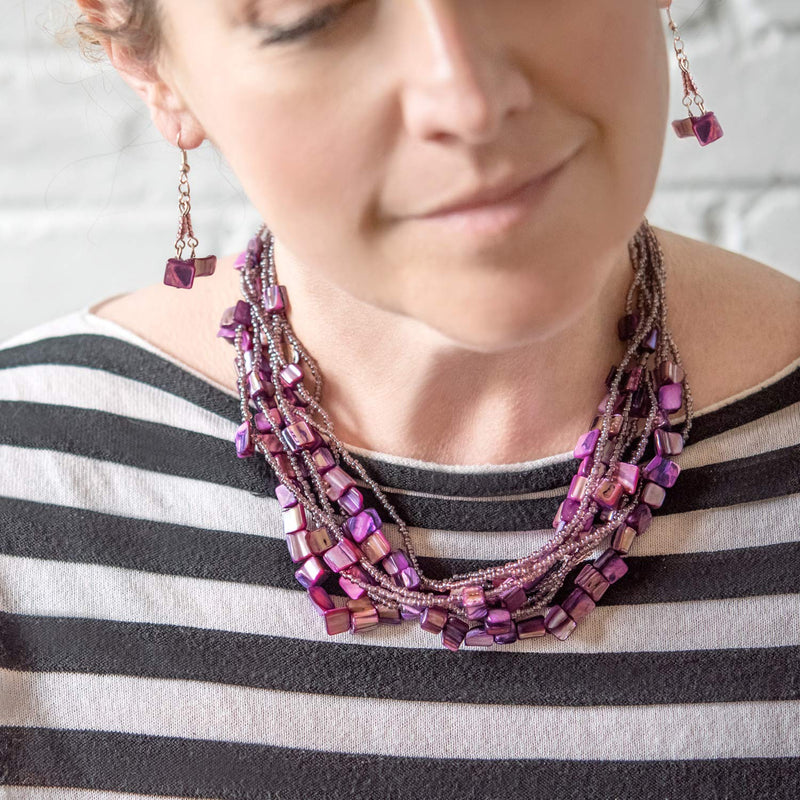 [Australia] - LookLove Womens Jewelry Purple Bead Silver Tone Plated 16" Torsade Necklace, 5 Strand Stretch Bracelet, and 1½" Dangle Earrings Set 