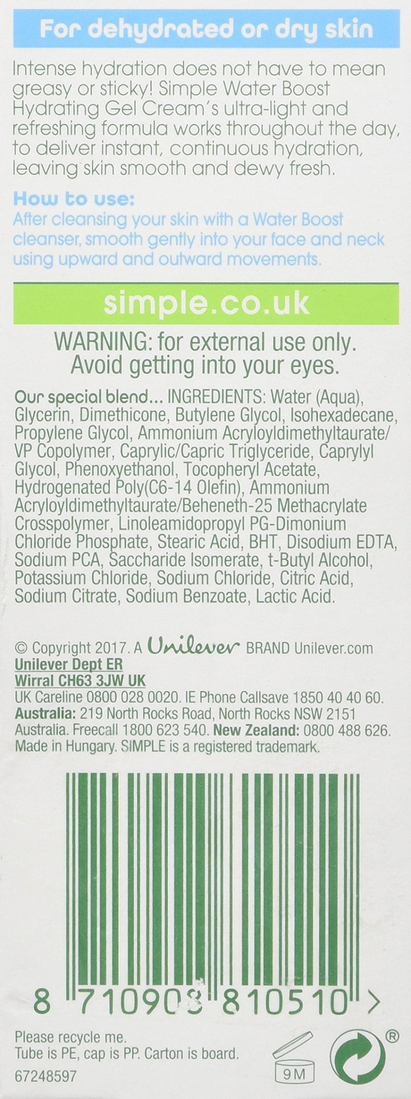[Australia] - Simple Hydrating Gel Cream Face Moisturiser, 50 ml, Pack of 6 