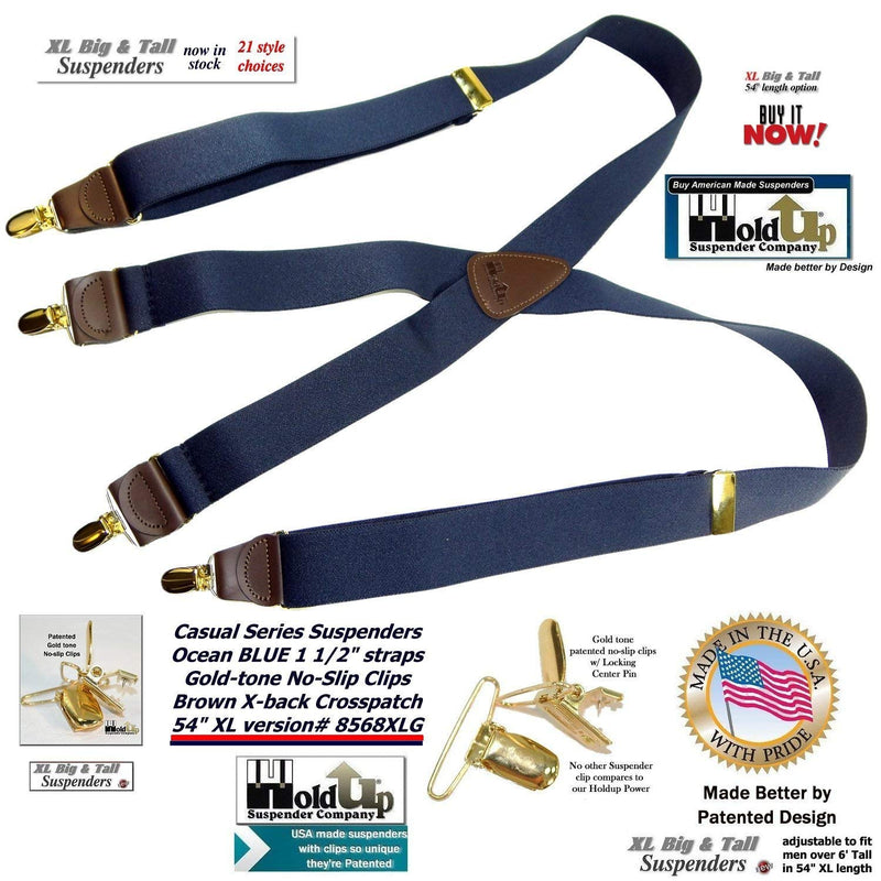 [Australia] - HoldUp Brand XL Dark Ocean Blue X-back suspenders for big and Tall men with gold tone no-slip patented clips 