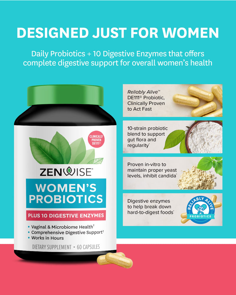 [Australia] - Zenwise Probiotics for Women – Probiotics + Digestive Enzymes for Vaginal Health, Daily Bloating Relief, and Gut Flora Health. Reliably Alive Probiotics for Digestive Health Wellness - 60 Count 60 Capsules 