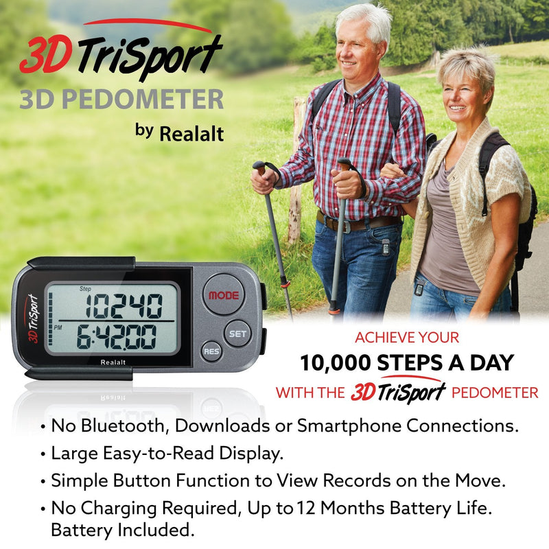 [Australia] - 3DTriSport Walking 3D Pedometer with Clip and Strap, Free eBook | 30 Days Memory, Accurate Step Counter, Walking Distance Miles/Km, Calorie Counter, Daily Target Monitor, Exercise Time. Grey/Black 