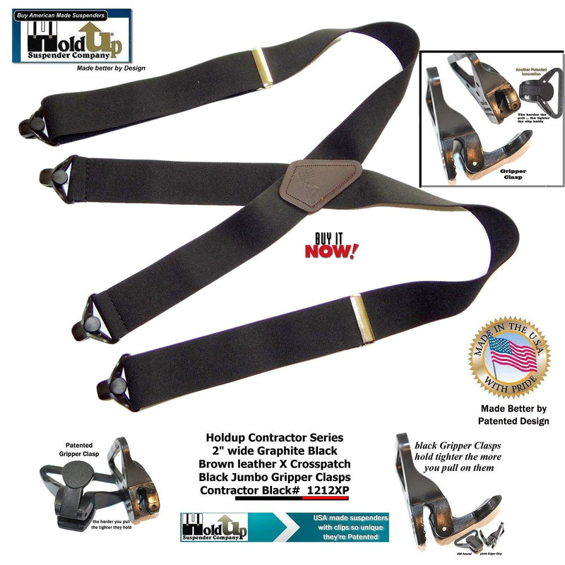 [Australia] - Holdup X-back Heavy Duty 2" Wide Graphite Black Suspenders with Patented jumbo Gripper Clasps 