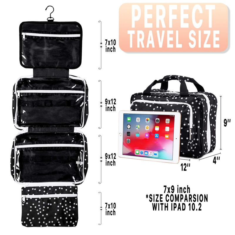 [Australia] - Large Hanging Toiletry Cosmetic Bag For Women - XL Hanging Travel Toiletry And Makeup Organizer Bag With Many Pockets (black polka dot) black polka dot 