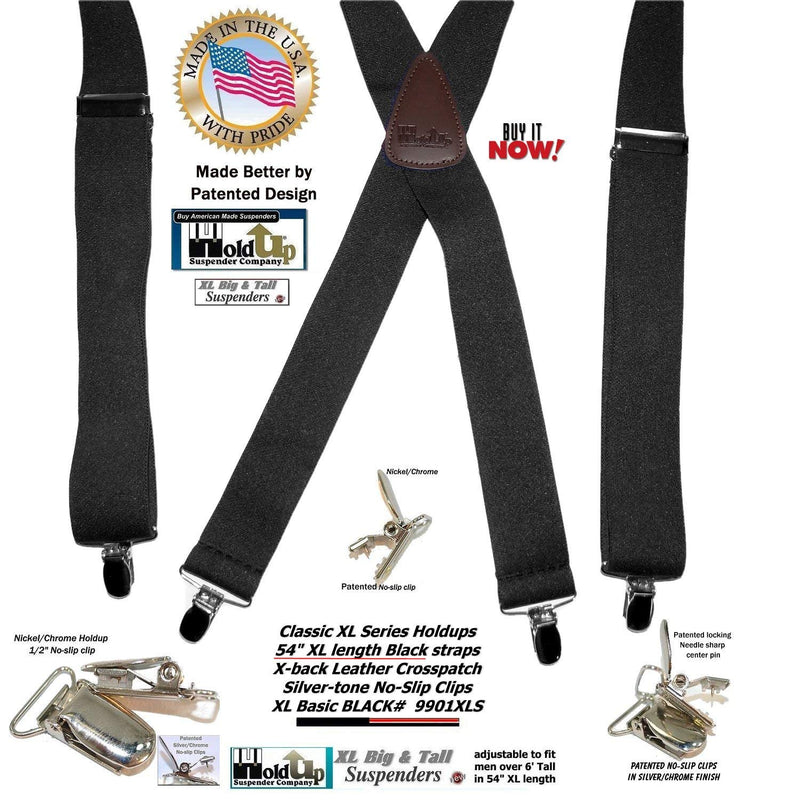 [Australia] - Holdup Classic Series Basic Black XL Big and Tall X-back Suspenders with Patented No-slip Silver Clips 