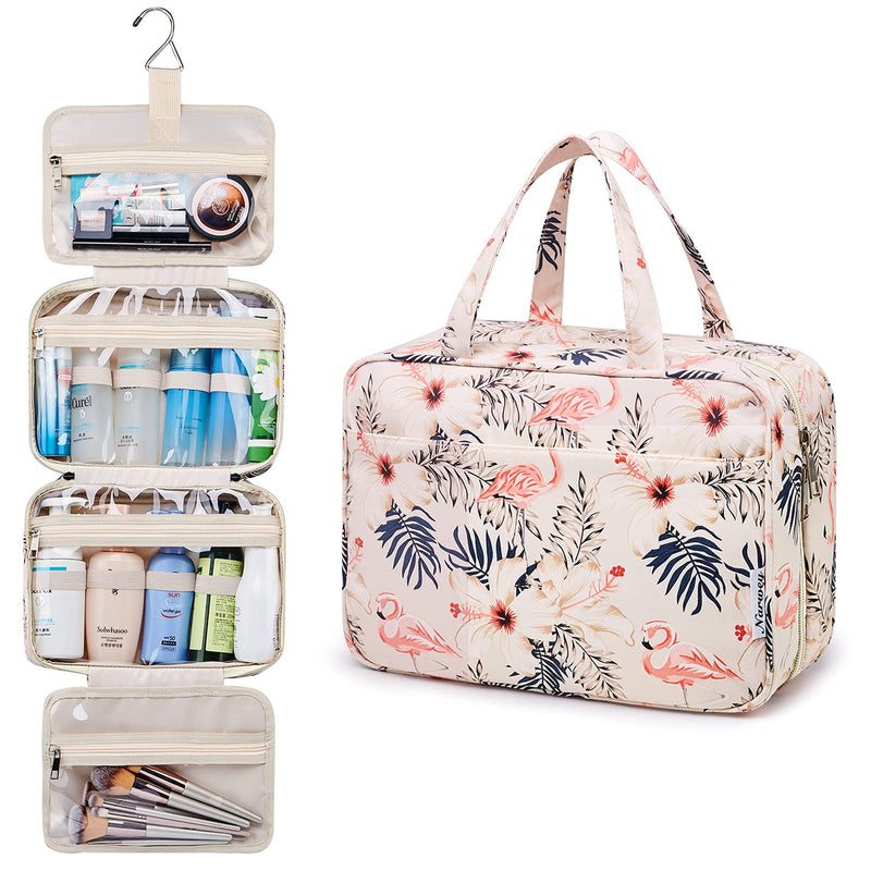 [Australia] - Large Hanging Toiletry Wash Bag Makeup Cosmetic Organizer for Women Girls Kids Waterproof (Beige Flamingo) Beige Flamingo 