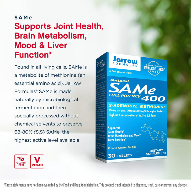 [Australia] - Jarrow Formulas SAMe 400 mg - 30 Tablets - Highest Concentration of Active S,S Form - Supports Joint Health, Liver Function, Brain Metabolism, Mood & Antioxidant Defense - 30 Servings 30 Count (Pack of 1) 