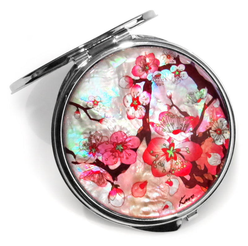 [Australia] - MADDesign Mother of Pearl Pink Makeup Mirror Dual Compact Folding Magnify Apricot Tree Flowers Design 