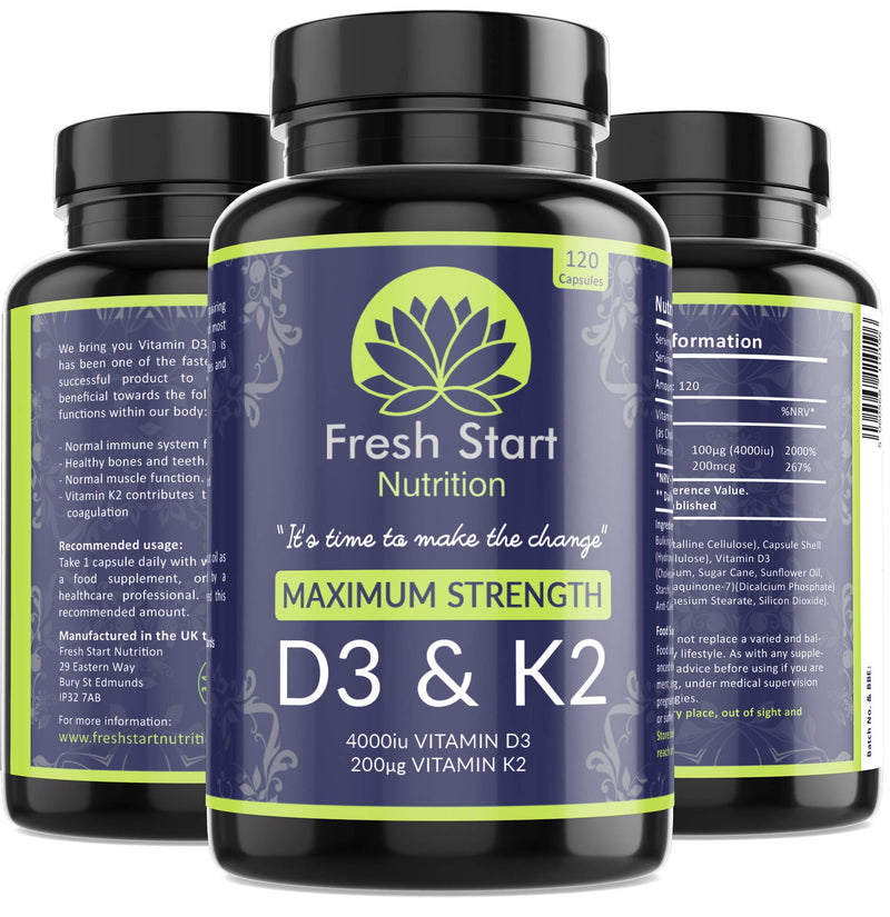 [Australia] - Vitamin D3 4000 IU and Vitamin K2 200?g MK7 - Vitamin D3 K2 High Strength Supplement - 120 Capsules 4 Month Supply Cholecalciferol - K2 Menaquinone-7 - Made in The UK 