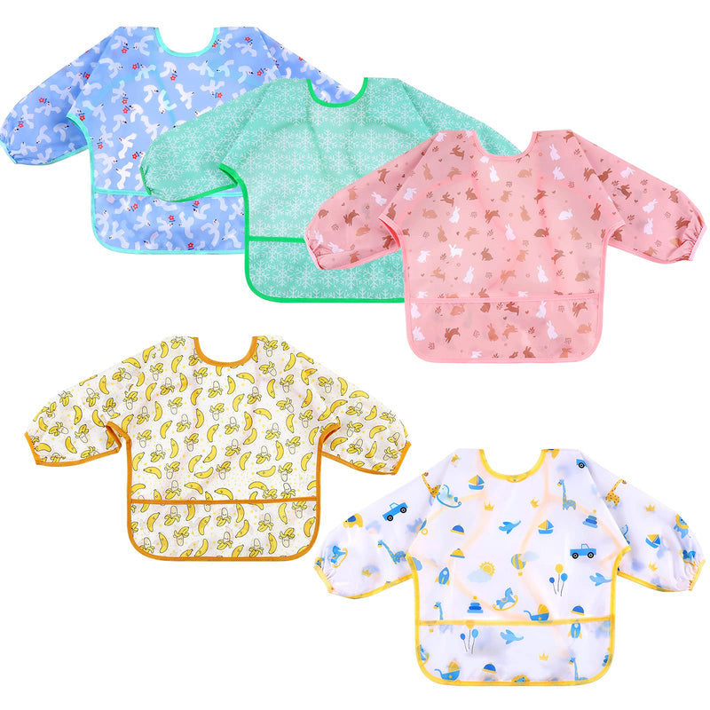 [Australia] - Lictin Baby Feeding Bibs with Sleeves - 5pcs Feeding Bibs Apron Waterproof, Baby Bibs with Long Sleeves, Weaning Bibs for Unisex Toddler (0-2 Years) 