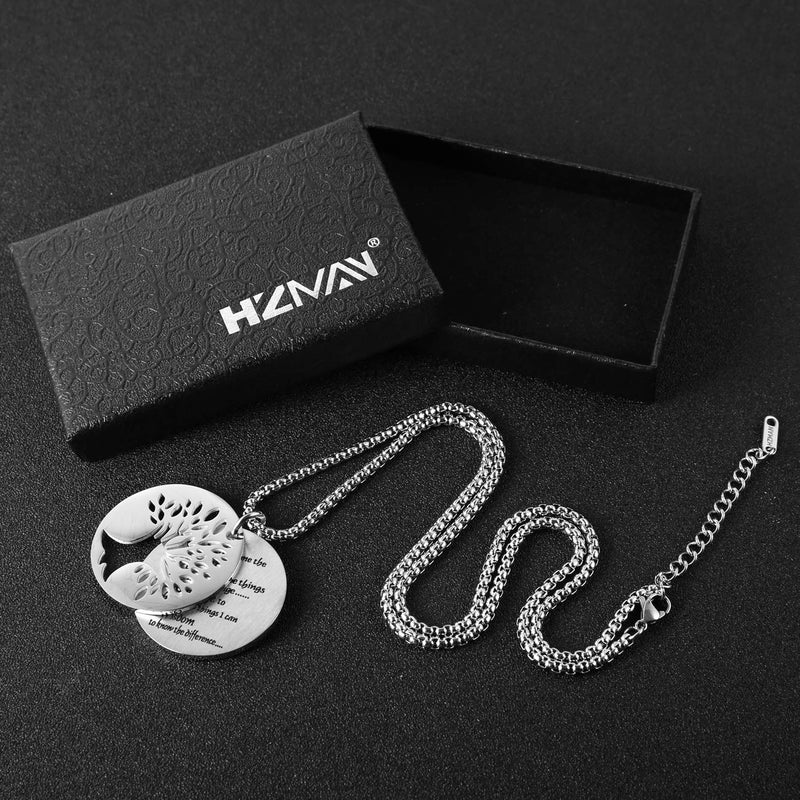 [Australia] - HZMAN Two Piece Serenity Prayer Stainless Steel Pendant Necklace with Tree of Life Cut Out 22+2" Chain Round Silver 