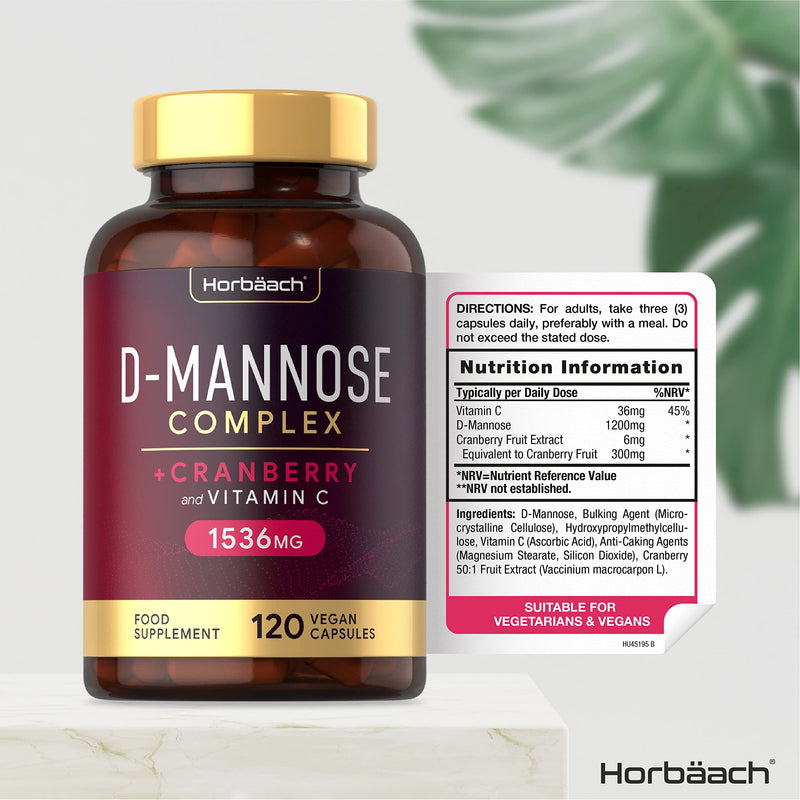 [Australia] - D-Mannose and Cranberry Capsules | 1536mg | Urinary Tract Infection (UTI) Relief | + Vitamin C | 120 Vegan Capsules | No Artificial Preservatives | by Horbaach 