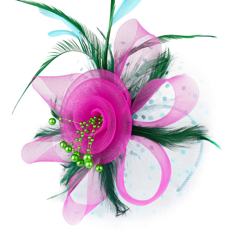 [Australia] - DRESHOW Fascinators Hat Flower Mesh Ribbons Feathers on a Headband and a Clip Tea Party Headwear for Girls and Women Za 7" Diameter/ Green Deeppink Blue 