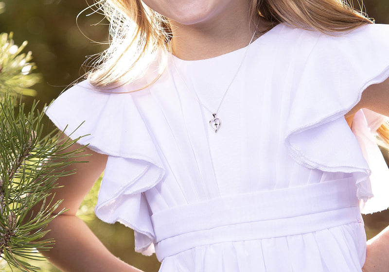 [Australia] - Girl's Sterling Silver First Communion"Dancing Cross" Heart Necklace 16-18 Inch (Adjustable) 