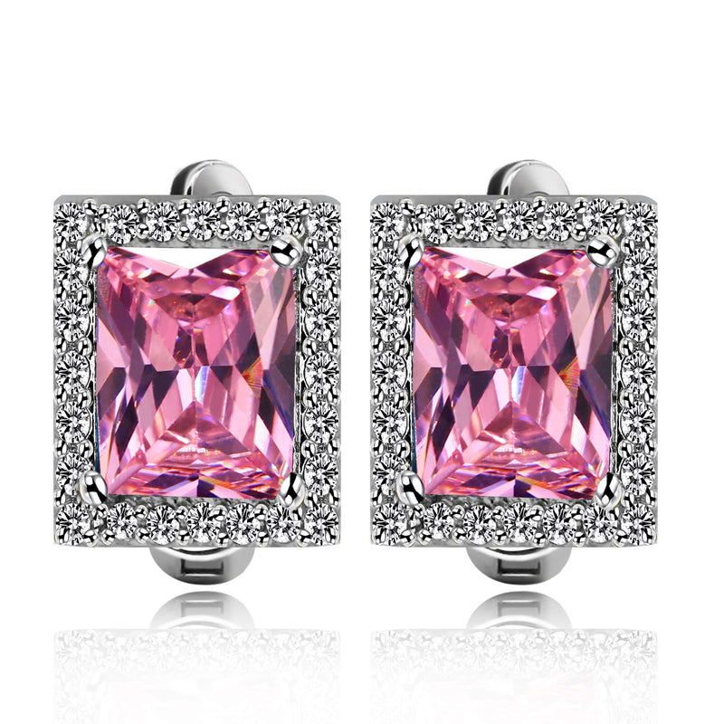 [Australia] - Uloveido Women's Fashion Created Mystic Topaz Big Emerald Cut Pendant Necklace Clip on Stud Earrings Solitaire Ring Set Rainbow Crystal Wedding Jewelry Set Gift T483 Pink 8 