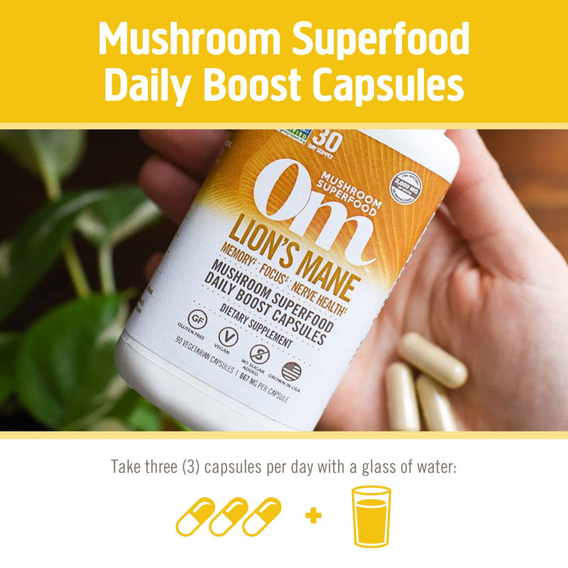 [Australia] - Om Mushroom Superfood Lion's Mane Mushroom Capsules Superfood Supplement, 180 Count, 60 Days, Fruit Body and Mycelium Nootropic for Memory Support, Focus, Clarity, Nerve Health, Creativity and Mood Lion's Mane Capsules 180 Count (Pack of 1) 
