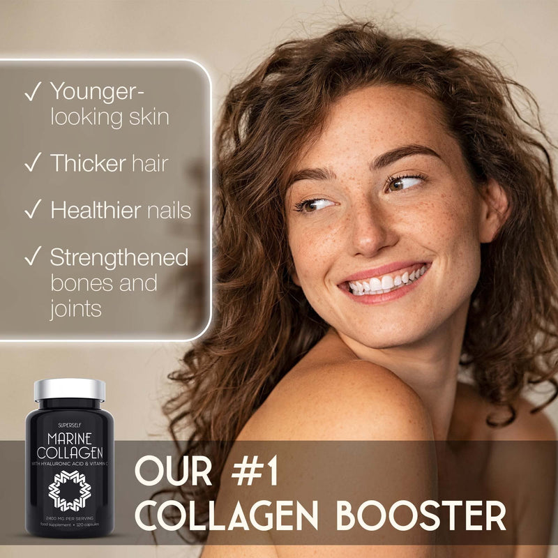 [Australia] - Marine Collagen Supplement 2400mg - 120 Capsules with Hyaluronic Acid and Vitamin C - Premium Type 1 Hydrolysed Collagen Tablets for Women and Men - High Strength Complex for Skin Bones Joints 