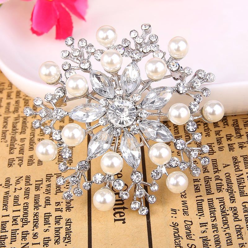 [Australia] - EVER FAITH Women's Clear Austrian Crystal Simulated Pearl Blooming Flower Teardrop Brooch Silver-Tone 