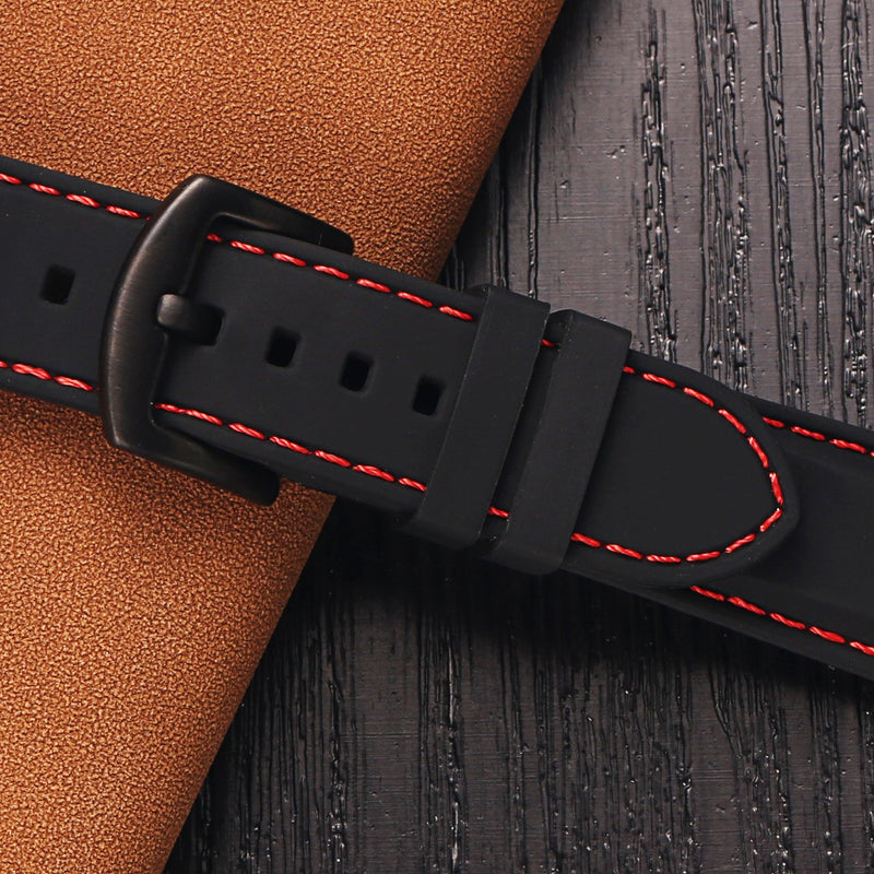 [Australia] - Carty Quick Release Watch Straps (20mm or 22mm) - Soft Silicone Rubber Replacement Watch Band 18mm Black+RedStitching+BlackClasp 