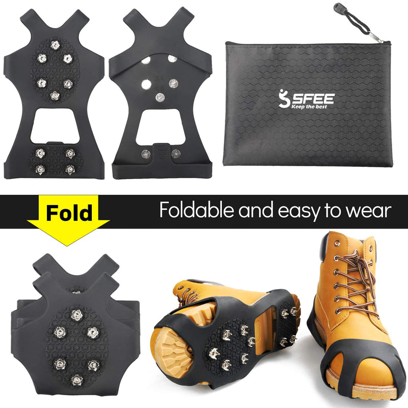 [Australia] - Sfee Ice Cleats Snow Grips, Anti-Slip Silicone Crampons for Boots Shoes, Walk Cleats Traction Stainless Steel 10 Spikes for Walking, Jogging, Hiking, Climbing, Fishing, Running, Men Black-10 teeth X-Large - (Women(13-16)/Men(11-14)) 
