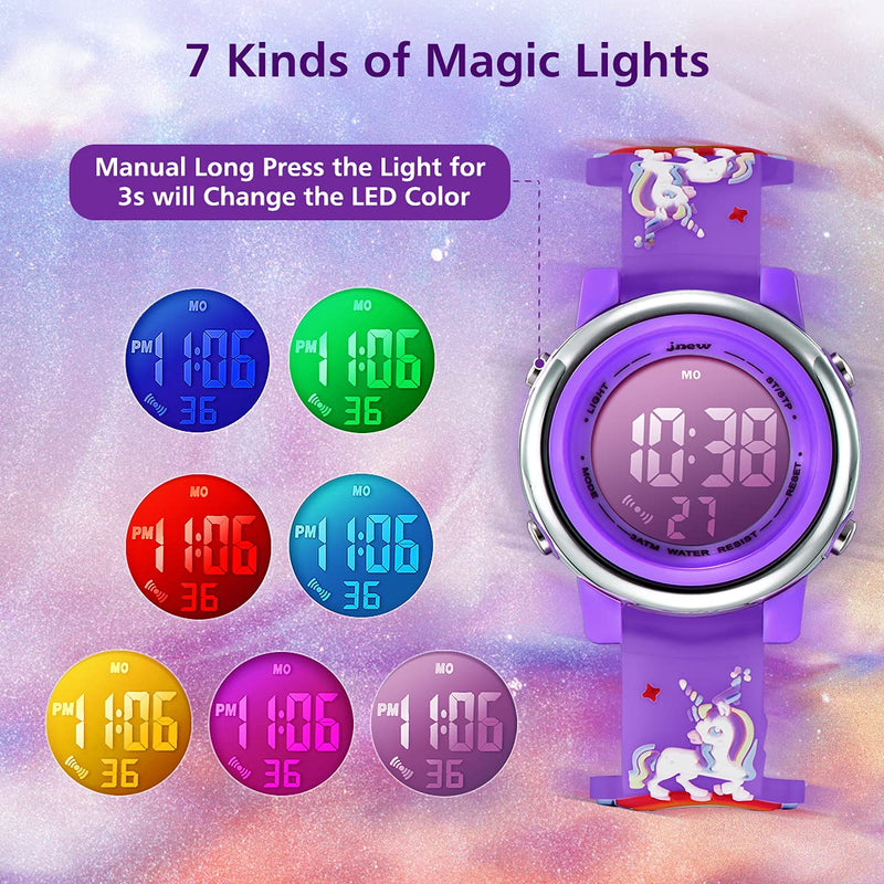 [Australia] - Kids Watches Girls Watch Ages 3-12 Toddler Digital Sports Waterproof 3D Cartoon 7 Color Lights Wrist Watch for Girls Little Child 01-Purple 