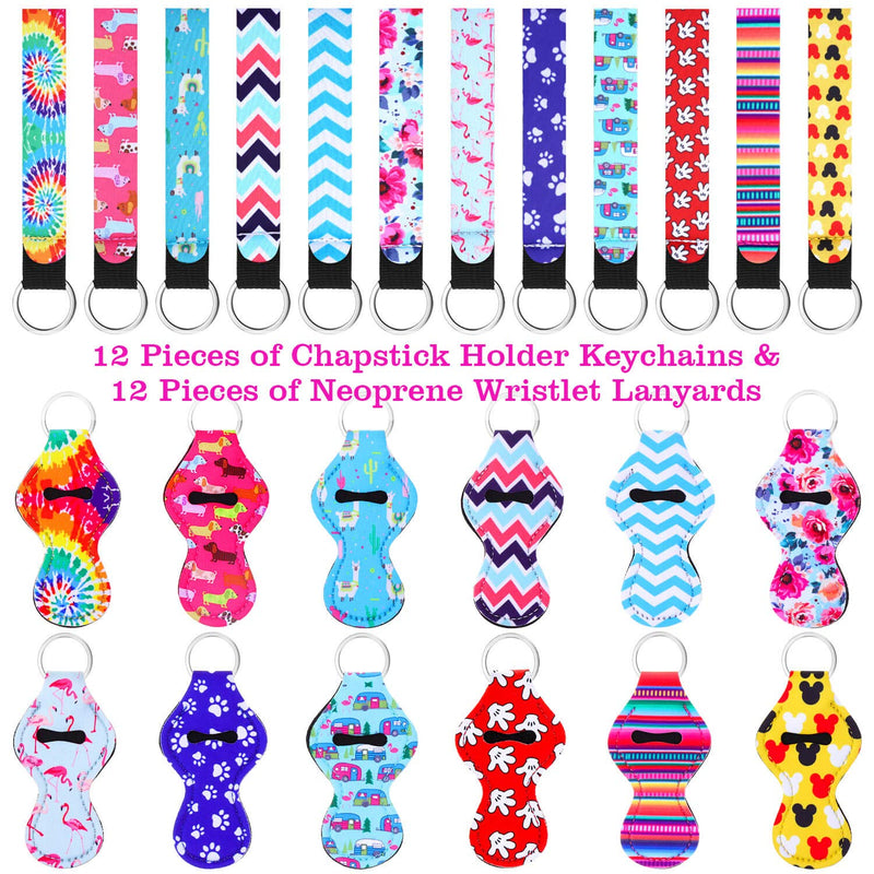 [Australia] - Shynek 24PCs Chapstick Holder Keychain with Wristlet Including 12PCs Lipstick Holder Keychain and 12PCs Neoprene Wristlet Keychain Lanyards, Portable Balm Holders Pouch for Girls Women 