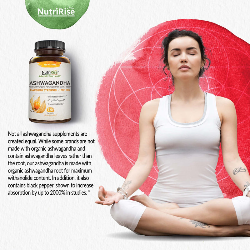 [Australia] - Organic Ashwagandha Capsules - High Potency 1300 mg: Ultimate Natural Sleep Support, Immune Support, Focus, and Energy Supplement with Black Pepper for Wellbeing and Vitality 