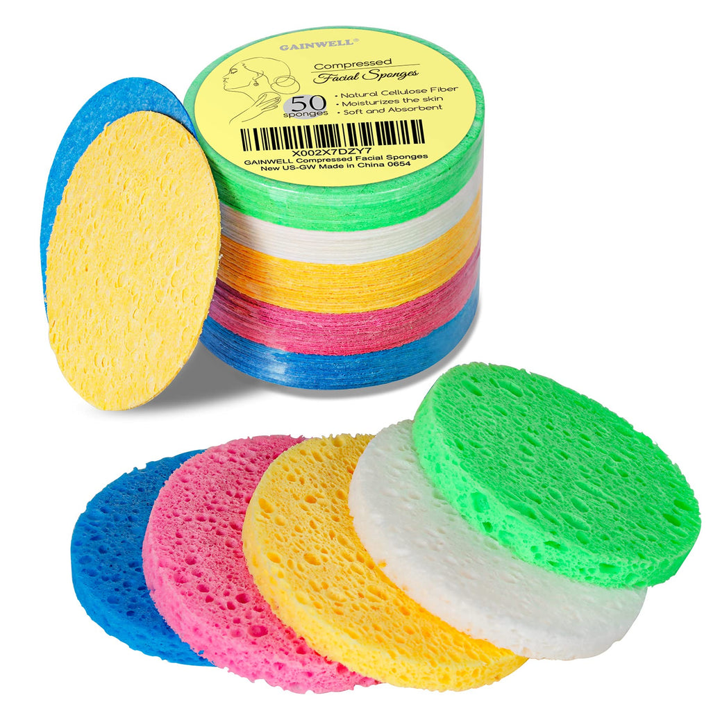 [Australia] - GAINWELL 50-Colored Natural Compressed Facial Sponges, for Facial Cleansing, Reusable & Eco-Friendly, 50 PCS Blue、Pink、Yellow、White、Green 